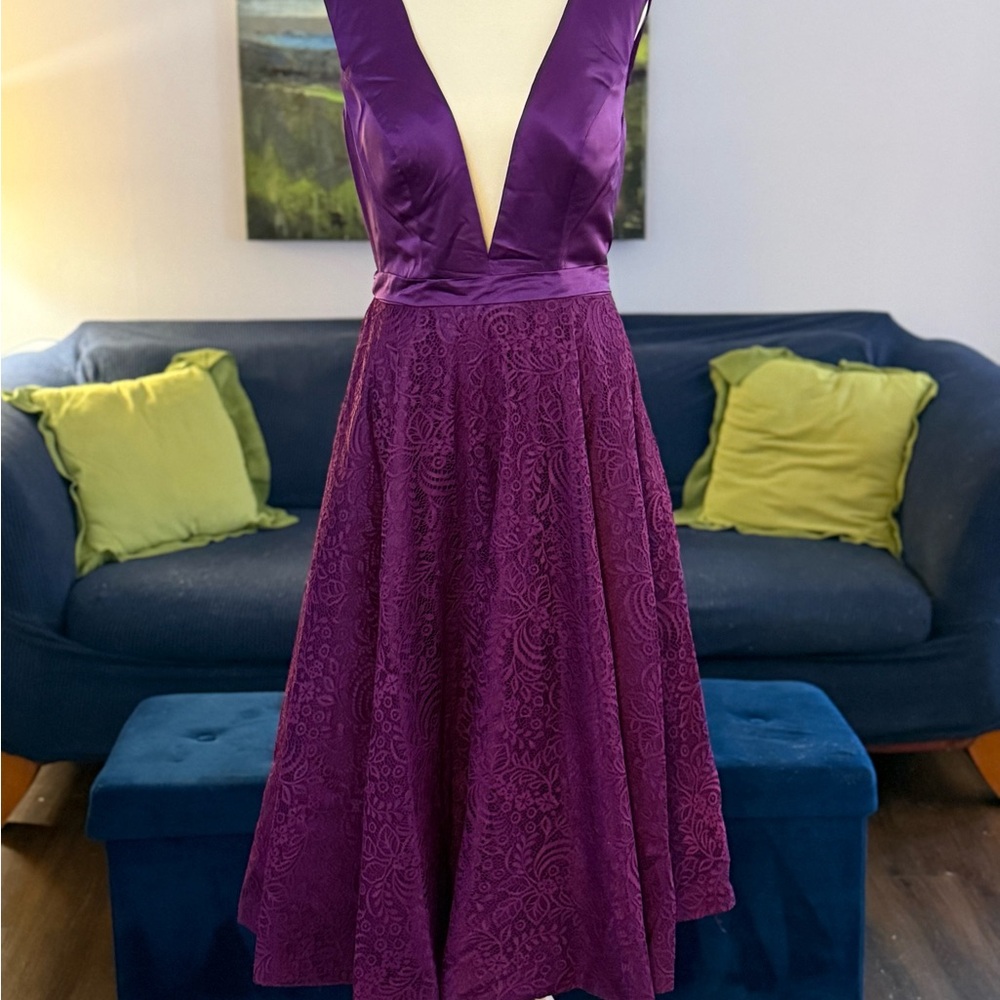 NWOT Deep Purple A-line Cocktail Dress with Plunge Neckline/Back